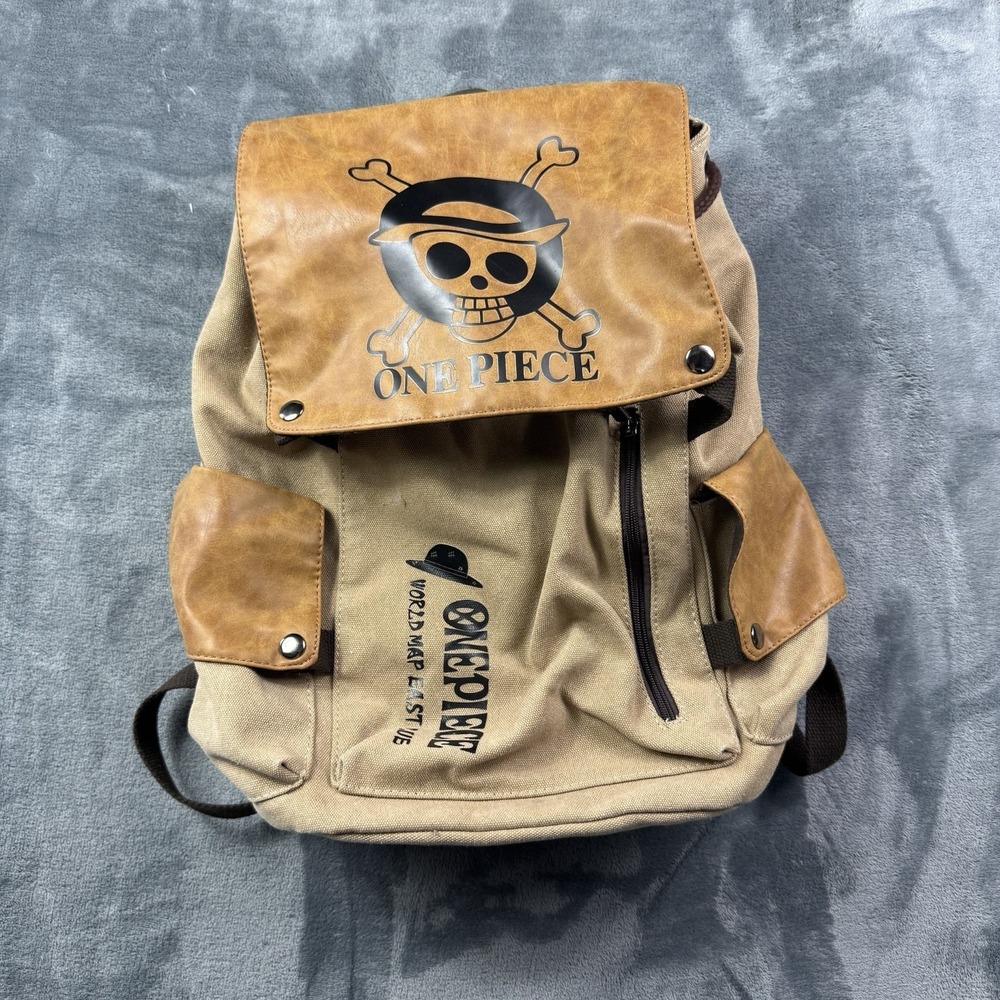 One Piece Tan Canvas & Brown Faux Leather Backpack